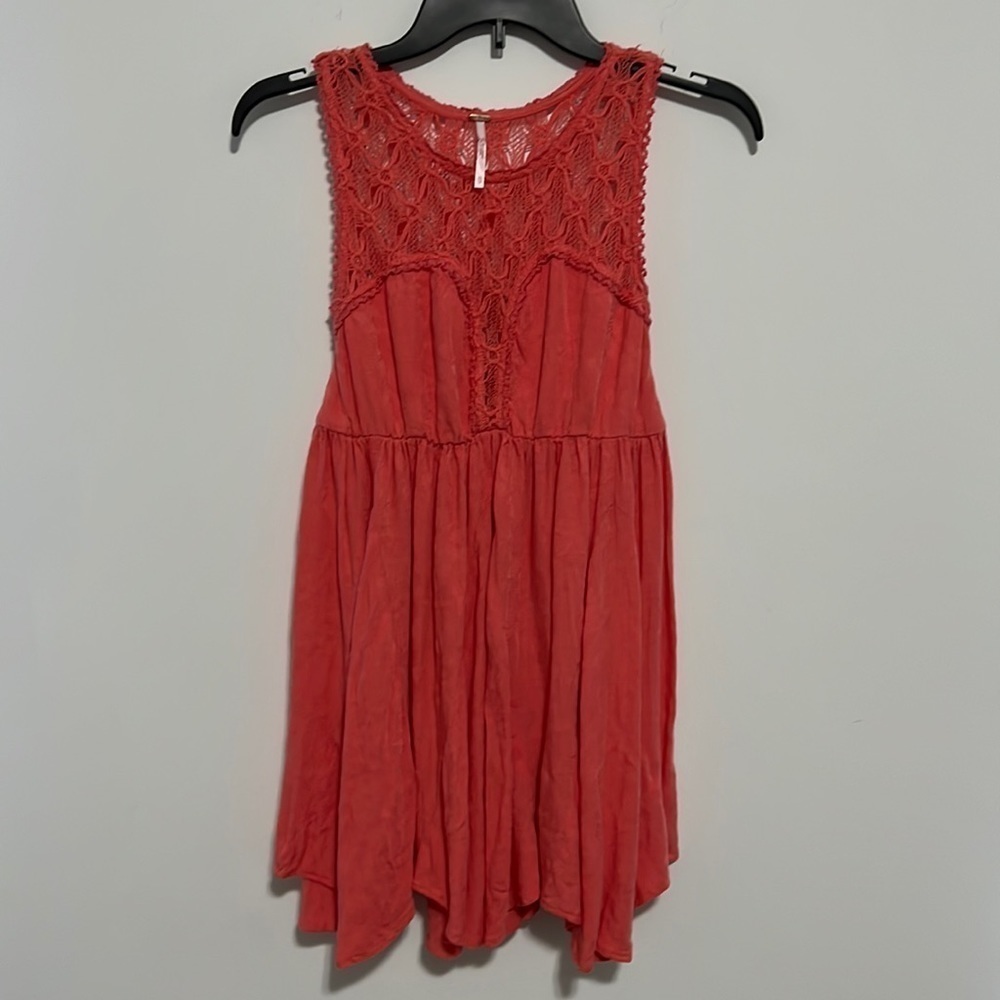 Free People Lace Trimmed Skater Tank Dress Coral Orange Boho Size XS
